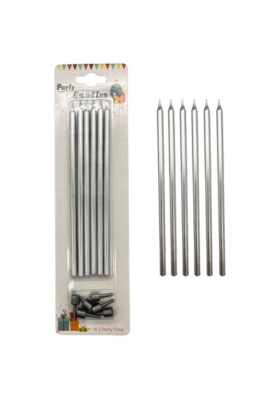 Metalik İnce Mum Gümüş 15 Cm 6 Lı