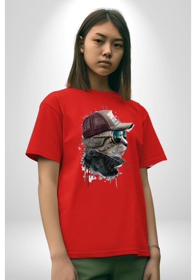 Pilot Çeketli Deri Şapkalı Cool Kedi Pamuklu Bisiklet Yaka Unisex Oversize Boyfriend Dijital Baskılı Kırmızı T-shirt Kırmızı