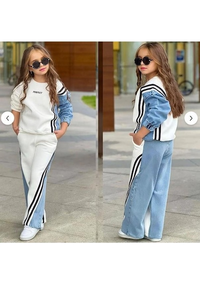 Kız Çocuk 3 İplik Şardonlu Kot Garnili Çizgi Detaylı Sweatshirt Ve Bol Paça Eşofman Takımı 1610- Beyaz