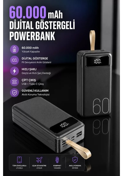 Powerbank 60.000 Mah Hızlı Şarj 4 Çıkışlı Uzun Şarj Süreli Dijital Göstergeli Renkli 73480489