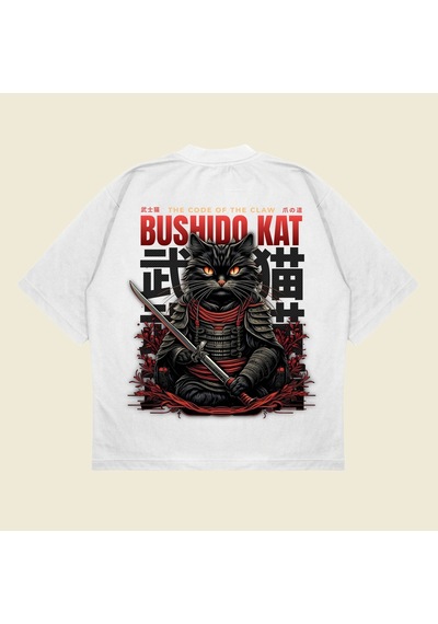 Startmore Bushidocat Baskılı Oversize Unisex Pamuklu Nefes Alan Kalın Kumaşlı Beyaz