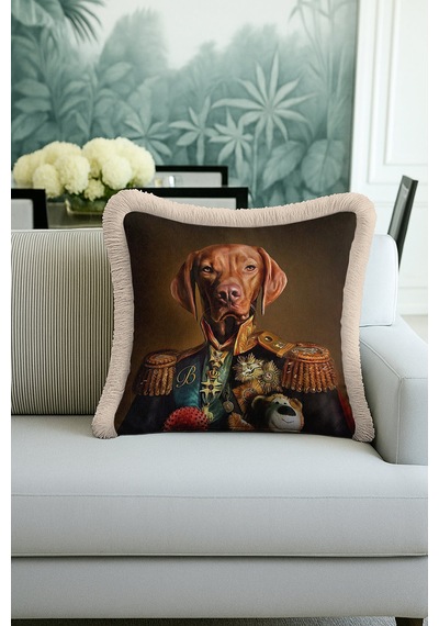 General Portre Köpek Saçaklı Yastık Kılıfı-hayvan Portreli Kahverengi Krem Püsküllü Kırlent Kılıfı Çok Renkli