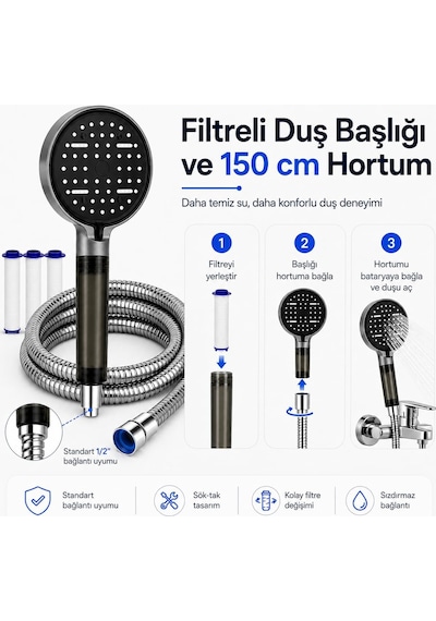 Sogud Duş Başlığı Seti Beyaz - 150 Cm Hortumlu Filtreli Arıtmalı El Duşu - 6 Fonksiyonlu Yüksek