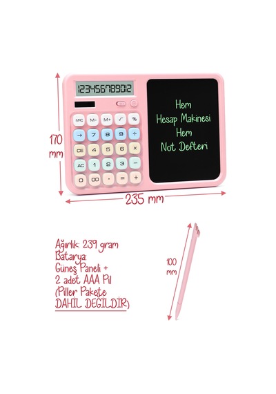 Lcd Ekran Yazı Tahtalı Hesap Makinesi 12 Haneli Tabletli Hesap Makinesi Pastel Pembe