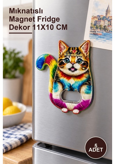 5 Adet Kedi Tasarımlı İstanbul Temalı Buzdolabı Süsü Mıknatıslı Magnet Fridge Dekor 11x10 Cm 1