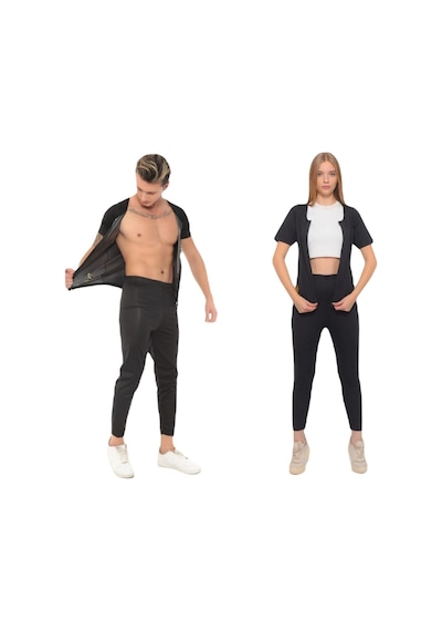 Incelme Terleten Termal Takım Fermuarlı Ve Tayt Terleme Kıyafeti Termal Sauna Kıyafeti Siyah