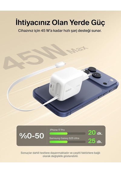 Belkin Ultracharge Usb-c Fiş Tipi Şarj Cihazı 45 W, 0,8 M Geri Çe