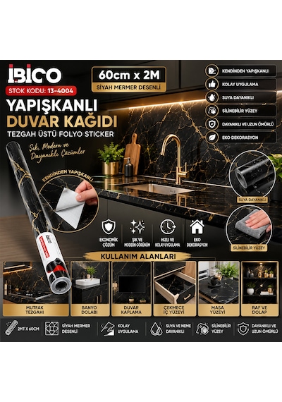 2mt X 60cm Siyah Mermer Desenli Tezgah Üstü Folyo Sticker - Duvar Kağıt Kendinden Yapışkanlı - Eko Dekorasyon - Dayanıklı