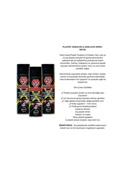 Plastik Yenileyici Sprey 500 Ml 3 Lü Set Trim Ve Tampon Parlatıcı