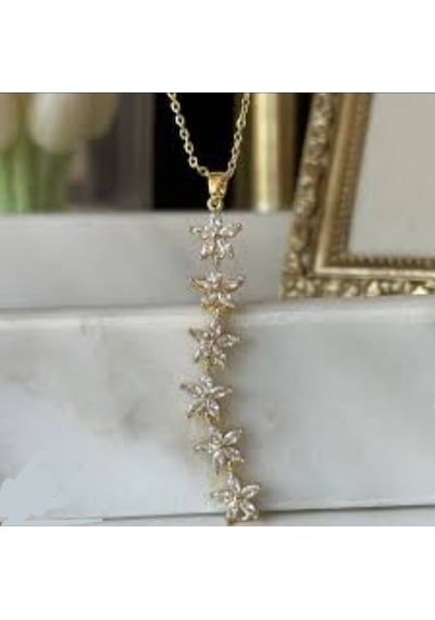 Stainless Steel Flower Zirkon Taşlı Çelik Kolye Gold