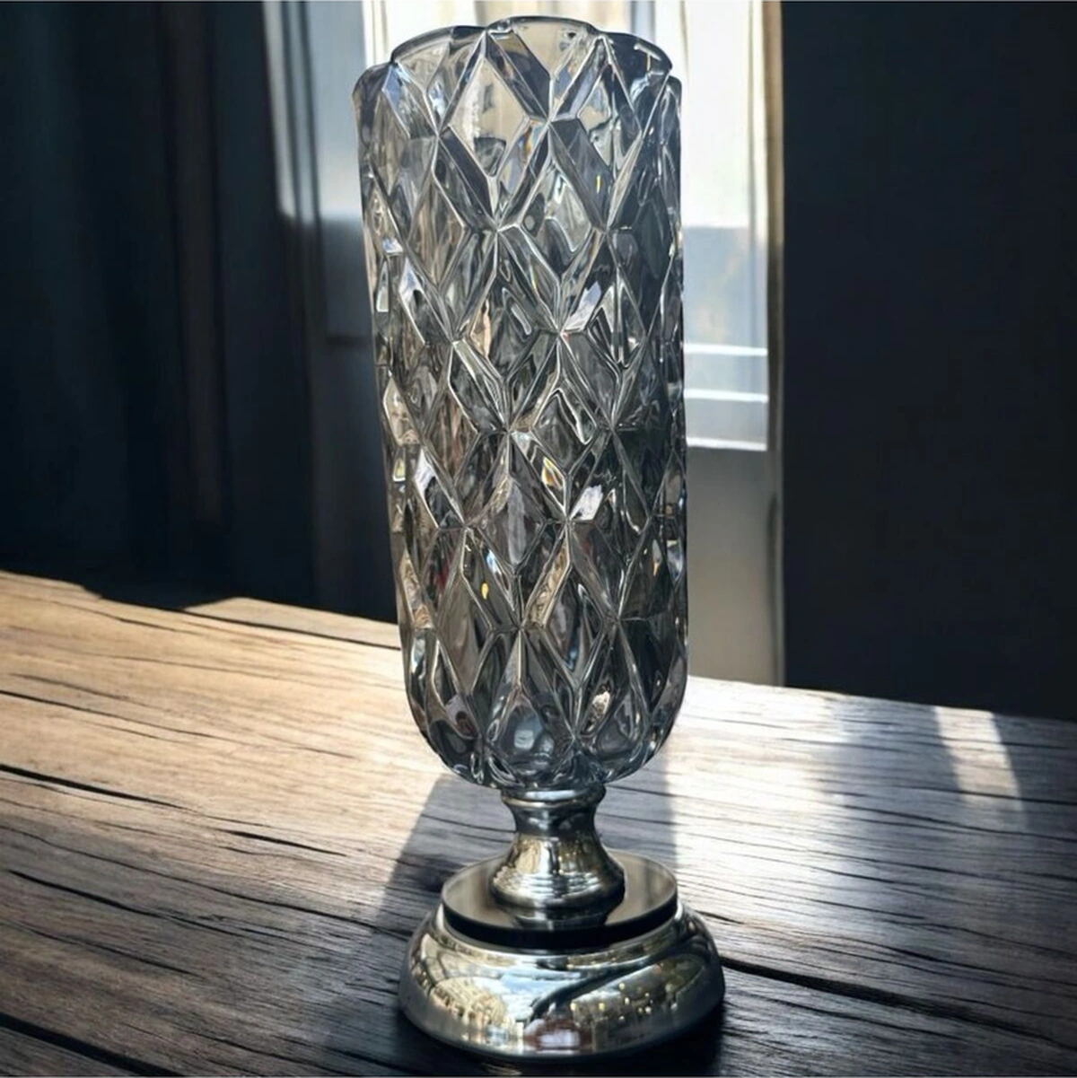 Dekoratif Kristal Cam Vazo Krom Kaplama Gümüş Gri