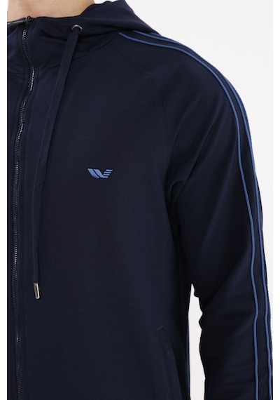 Rowinger Çift Şerit Kol Detaylı Tam Fermuarlı Cepli Rahat Kalıp Ayarlanabilir Kapüşonlu Sweatshirt Navyblue