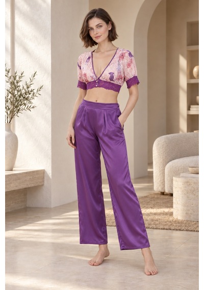 Loule Kadın Mor-pembe Çiçekli Kimonolu Saten Pijama Takımı Mor - Pembe