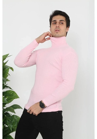 Erkek Fitilli Kaşkorse Kumaş Boğazlı Full Likralı Slimfit Body - Toz Pembe