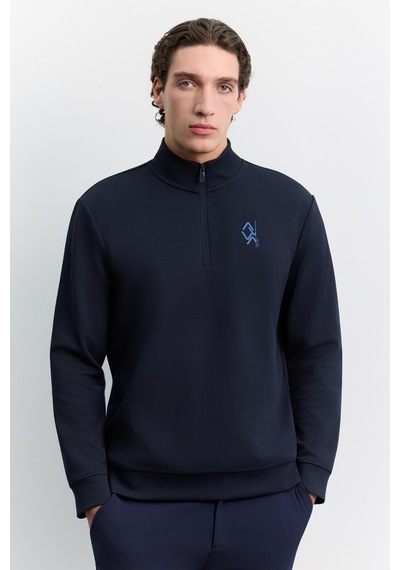 Avva Erkek Lacivert Dik Yaka Fermuarlı Baskılı Kolay Ütülenen Pamuklu Regular Fit Sweatshirt A62y1310