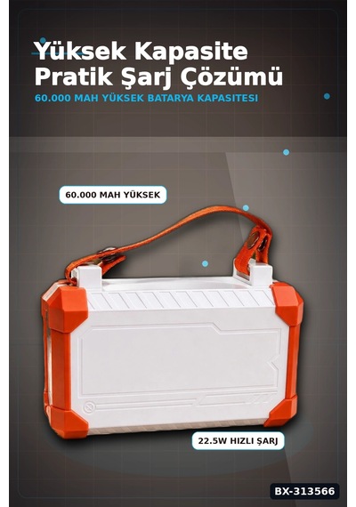 Acil Durum Işıklı 60000 Mah Powerbank - 4 Kablolu 22.5w Hızlı Şarj, Taşıma Saplı Bx-313566 Çok Renkli