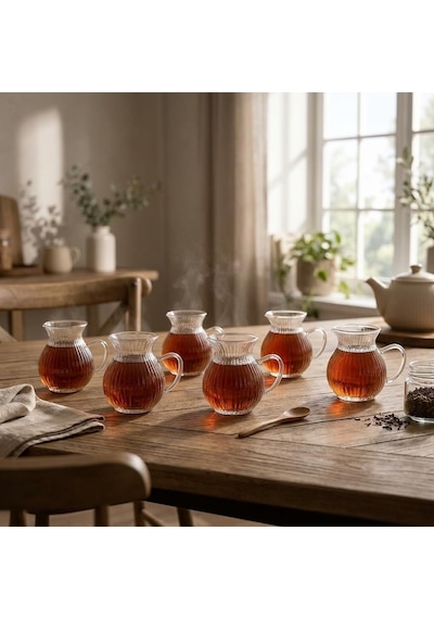 6'lı Kulplu Borosilikat Fitil Desenli Cam Çay Bardağı Seti - Geniş Ağızlı Tombul Tasarım, Isıya Dayanıklı Çay Takımı 180ml çok renkli