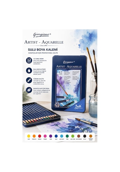 Aquarel Suluboya Kalemi 12 Renk 1 Paket Giorgione Teneke Kutu Sulu Boya Kalemi 12 Li Fırça Hediyeli Sanatsal Kaliteli Çok Renkli