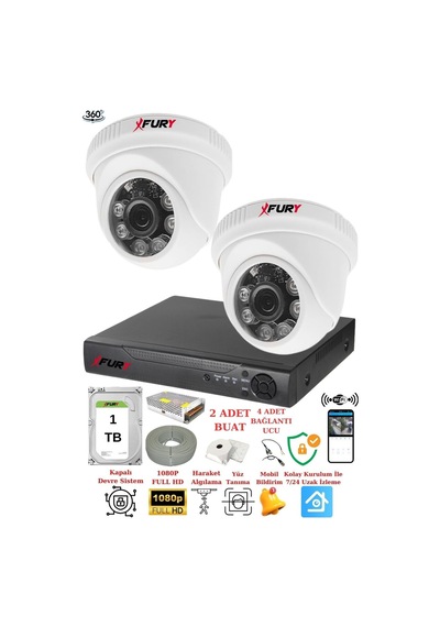Fury 2 Kameralı 5mp 3.6mm Lens 2mp Görüntü 6 Atom Led Gece Görüşlü Fullhd Güvenlik Kamerası 1412a 1 Tb
