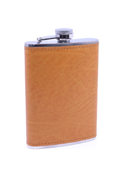 Turuncu Deri Kaplama Paslanmaz Çelik Cep Matarası - Hip Flask 9 Oz
