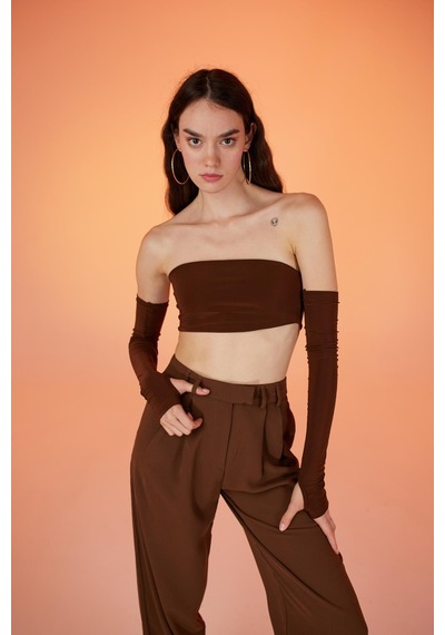Holly Lolly Straplez Model Kol Detaylı Noir Bluz Kahverengi Kahve