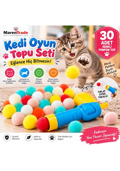 30 Adet Renkli Ponpon Kedi Oyuncağı Seti + Fırlatma Aparatı Eğlenceli Kedi Topu