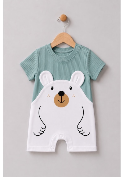 Babyden's Erkek Bebek Ayıcık Baskılı Kısa Kollu %100 Pamuk Yazlık Bebek Tulumu Yenidoğan Günlük Tulum 0-9 Ay Haki - Yeşil