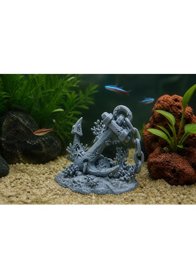 Akvaryum Dekoru Gemi Çapası Detaylı Resin Akvaryum Süsü Balık Saklanma Alanlı Dekoratif Akv