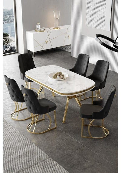 Canisa Epal Serisi 90x168 Lak Panel Beyaz Mermer Desen Masa Takımı Gold Ayaklı 6 Siyah Sandalye Beyaz Mermer Desen Masa Sandalyeler Siyah Canisa Epal Serisi 90x168 Lak Panel Beyaz Mermer Desen Masa Takımı Gold Ayaklı 6 Siyah Sandalye Beyaz Mermer Desen Masa Sandalyeler Siyah