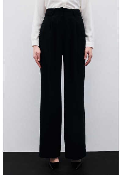 Sateen Pileli Krep Pantolon - Siyah