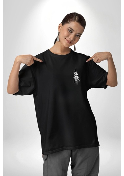 Poseidon Felsefe Siyah Oversize Unisex Ön Sol Yan Minimal Baskılı Tişört Koyu Siyah
