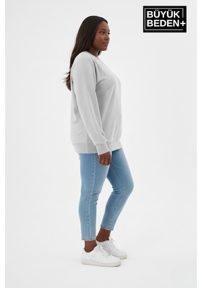Superlife Kadın Büyük Beden Bisiklet Yaka Kollar Ve Etek Ribanalı İnce Sweatshirt Spr26bswk956 Gri Melanj