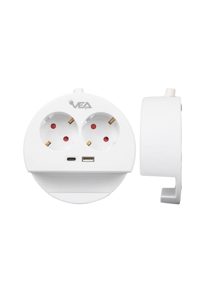Vea Ve-g1102c Yuvarlak Grup Priz 2'li Usb + Type-c Girişli Telefon Standlı 1.5 Metre 1,5 m