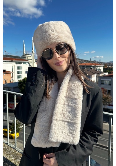 Mollycrush Kadın Bej Peluş Kürk Atkı Şapka Seti Premium Kışlık Ekru