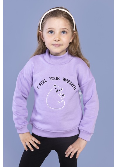 Toontoy Kız Çocuk Nakışlı Balıkçı Yaka Pamuklu Sweatshirt Lila
