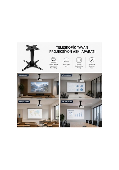 Teleskopik Projeksiyon Askısı Tavan Aparatı, Universal Projektör Montaj Braketi, Ayarlanabilir Projektör Tavan Askısı, Çelik Projektör Taşıyıcı Stand, Projeksiyon Cihazı Tavan Bağlantı