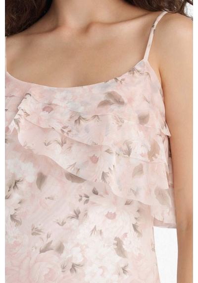 Defacto Fırfırlı Yaka Çiçek Desenli Tül Askılı Mini Elbise F6148ax25hsbr86 Pembe