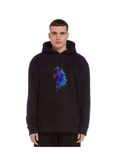 Howling Wolf Baskılı Siyah Erkek Örme Kapşonlu Sweatshirt