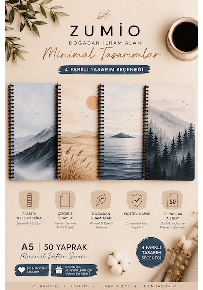 Zumio A5 Spiralli 4'lü Çizgisiz Defter Seti 50 Yaprak Plastik Helezon Spiral Minimal Doğa Tasarımları Düz