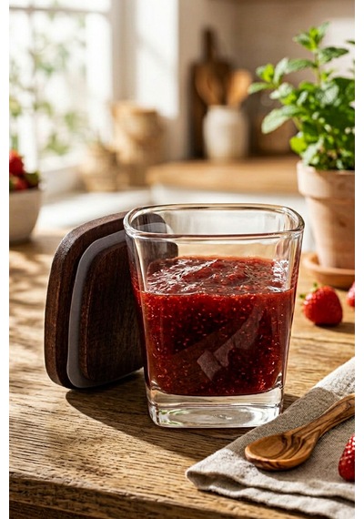 Prime - 3'lü Kahvaltılık Ahşap Standlı Vakumlu Kapaklı Cam Baharatlık Çok Amaçlı Cam Çerezlik Kahvaltılık 300 Ml Kahverengi