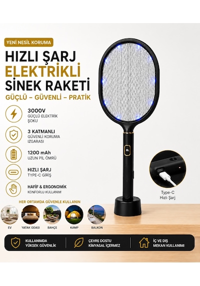 Dijital Ekranlı Şarjlı Sinek Raketi Usb Type-c Elektrikli Standlı El Tipi Mor Işıklı Sivrisinek Öldürücü Black
