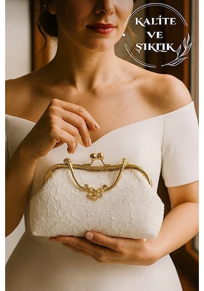 Zeyymoda Fransız Dantel Kalite Ve Şıklık Gelin Çantası Ve Kadın Omuz Çantası Abiye Gold Kasa Çanta Beyaz