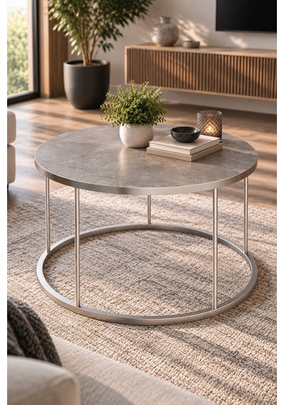 Sulorahome Gordion Desenli Gri Orta Sehpa Gümüş Ayaklı Yuvarlak Salon Sehpası