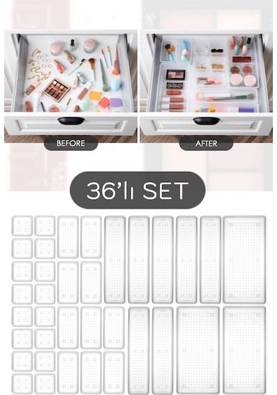 36'lı Mega Set Modüler Çekmece İçi Organizer - Banyo Takı Aksesuar Düzenleyici Şeffaf
