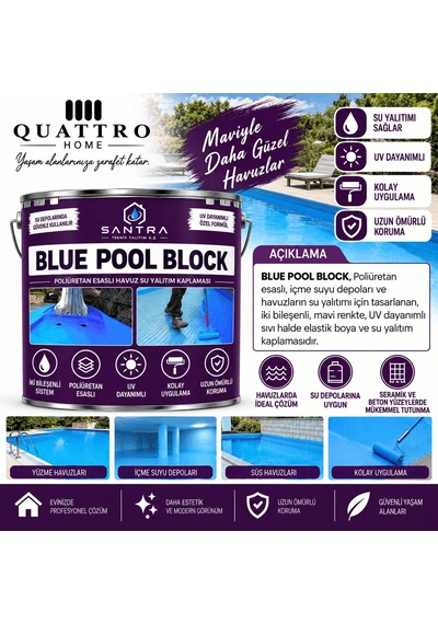 Quattro Home Blue Pool Block Poliüretan Esaslı Havuz Su Yalıtım Kaplaması 7,5 Kg+1kg Çift Bileşenli, Uv Dayanımlı, Mavi Elastik İzolasyon Boyası