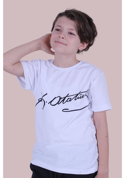 Panios Kids İmzalı Atatürk Baskılı Unisexs T-shırt Beyaz - Siyah