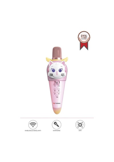 Torima KIDMIC02 Pembe Kedi Figürlü Şarjlı Bt Karaoke Mikrofon Ve Hoparlör 5W Kablosuz Mikrofon