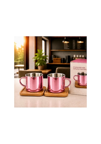 Aynalı Borosilikat Cam Türk Kahvesi Fincan Seti,kırmızı,2x125ml Bambu Tabaklı, Isıya Dayanıklı Pembe