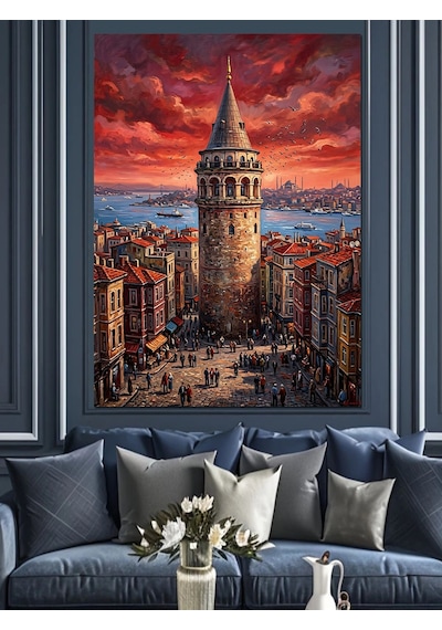 Kızıl Gökyüzünde Heybetli Galata Kulesi Dekoratif Kanvas - Mdf Ahşap Tablo