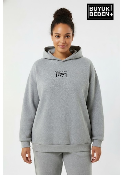 Süperlife Kadın Büyük Beden California 1974 Baskılı Kapüşonlu İnce Sweat Rahat Kalıp Hoodie Spr26bswk965 Gri Melanj